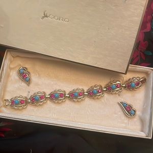 Rare Vintage Coro Turquoise and Pink Rhinestone Bracelet and Earrings Set